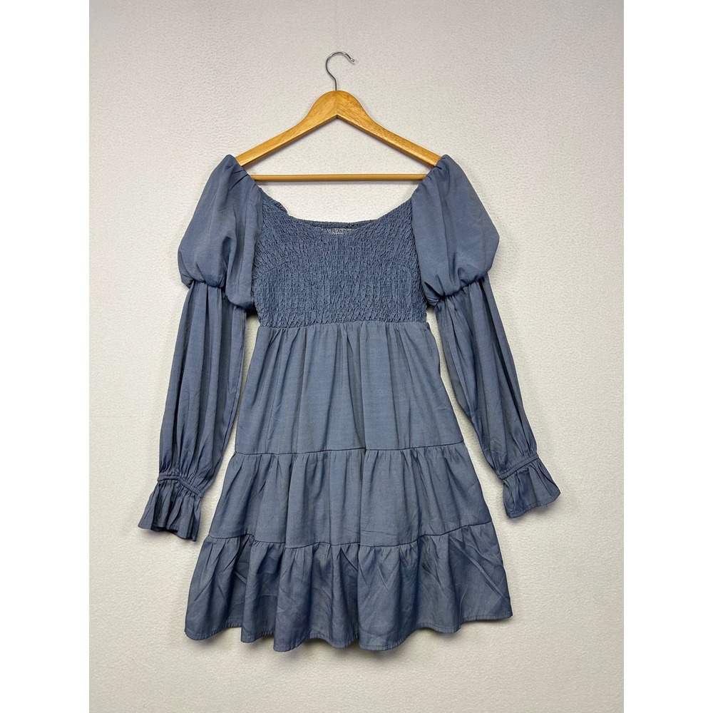 Cottagecore Boho Milkmaid Babydoll Womens Size S Blue Smocked Tiered Mini Dress